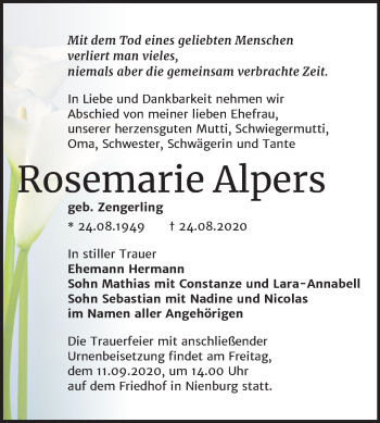 Traueranzeige von Rosemarie Alpers von Mitteldeutsche Zeitung Bernburg