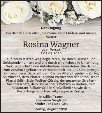 Traueranzeige von Rosina Wagner von Wochenspiegel Bitterfeld