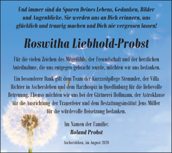 Traueranzeige von Roswitha Liebhold-Probst von Super Sonntag Aschersleben