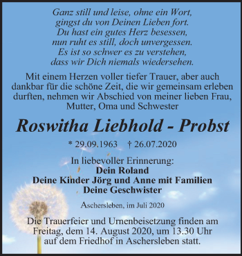 Traueranzeige von Roswitha Liebhold-Probst von Super Sonntag Aschersleben