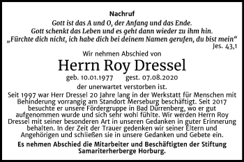 Traueranzeige von Roy Dressel von Super Sonntag Merseburg/Querfurt