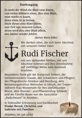 Traueranzeige von Rudi Fischer von Super Sonntag Bernburg
