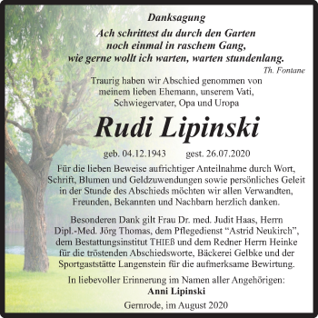 Traueranzeige von Rudi Lipinski von Super Sonntag Quedlinburg