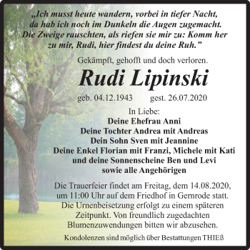 Traueranzeige von Rudi Lipinski von Super Sonntag Quedlinburg