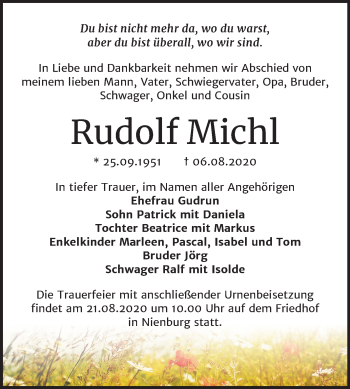 Traueranzeige von Rudolf Michl von Mitteldeutsche Zeitung Bernburg