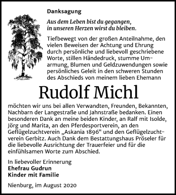 Traueranzeige von Rudolf Michl von Mitteldeutsche Zeitung Bernburg