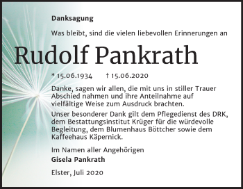 Traueranzeige von Rudolf Pankrath von Super Sonntag Wittenberg