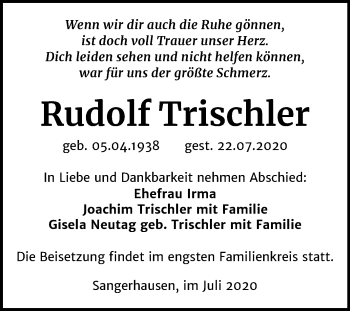Traueranzeige von Rudolf Trischler von Super Sonntag Sangerhausen