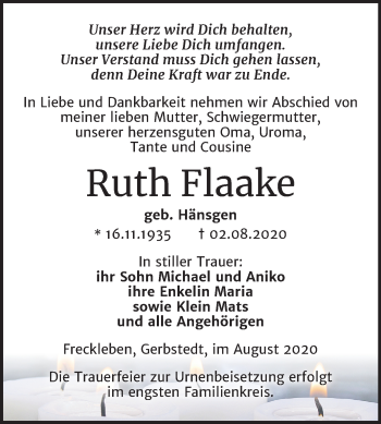 Traueranzeige von Ruth Flaake von Mitteldeutsche Zeitung Mansfelder Land