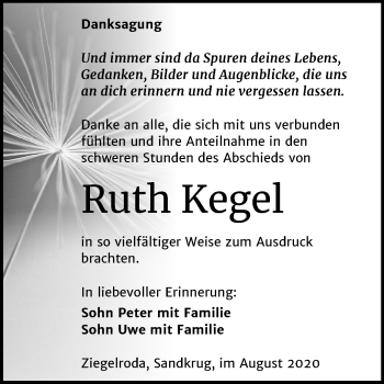 Traueranzeige von Ruth Kegel von Wochenspiegel Merseburg/Querfurt