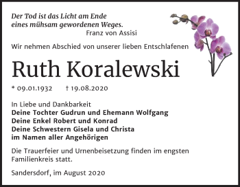Traueranzeige von Ruth Koralewski von Mitteldeutsche Zeitung Bitterfeld