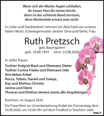 Traueranzeige von Ruth Pretzsch von Mitteldeutsche Zeitung Weißenfels