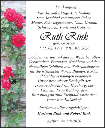 Traueranzeige von Ruth Rink von Super Sonntag Sangerhausen