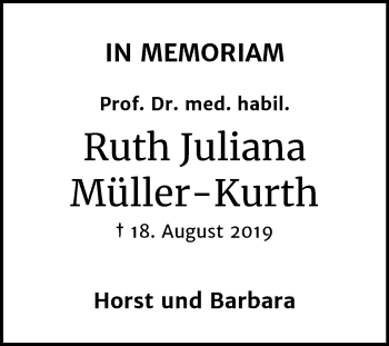 Traueranzeige von Ruth Juliana Müller-Kurth von Mitteldeutsche Zeitung Halle/Saalkreis