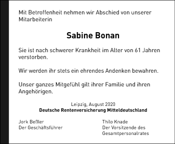 Traueranzeige von Sabine Bonan von Mitteldeutsche Zeitung Halle/Saalkreis