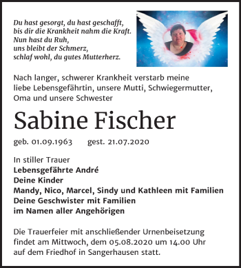 Traueranzeige von Sabine Fischer von Super Sonntag Sangerhausen