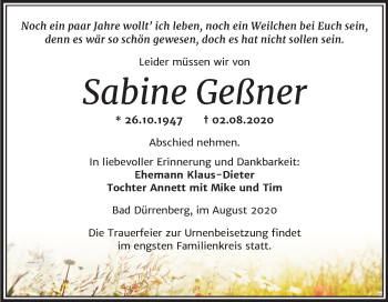 Traueranzeige von Sabine Geßner von Super Sonntag Merseburg/Querfurt
