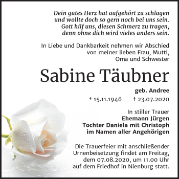 Traueranzeige von Sabine Täubner von Mitteldeutsche Zeitung Bernburg