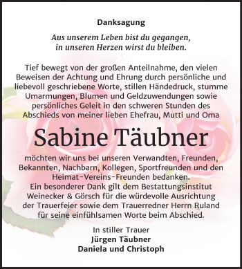 Traueranzeige von Sabine Täubner von Mitteldeutsche Zeitung Bernburg