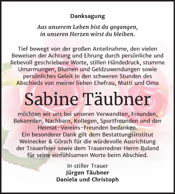 Traueranzeige von Sabine Täubner von Super Sonntag Bernburg