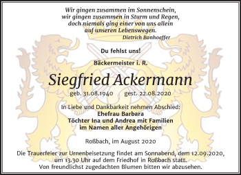 Traueranzeige von Siegfried Ackermann von Mitteldeutsche Zeitung Merseburg/Querfurt