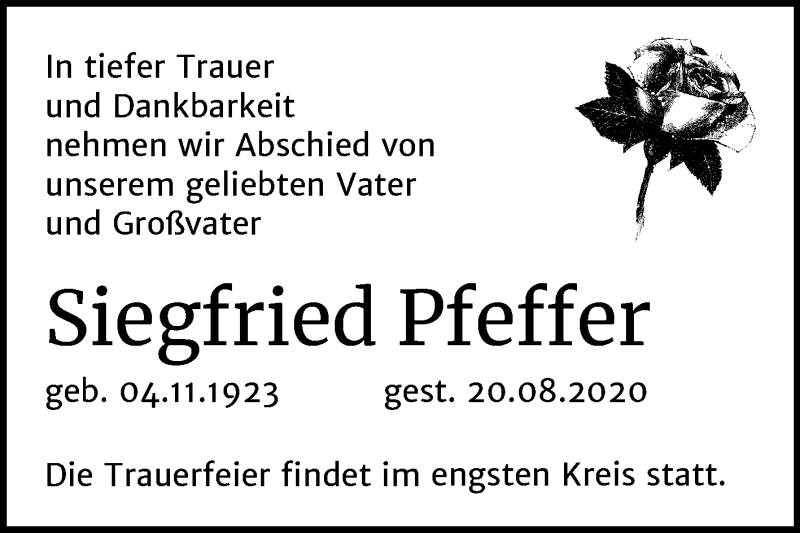  Traueranzeige für Siegfried Pfeffer vom 27.08.2020 aus Mitteldeutsche Zeitung Halle/Saalkreis