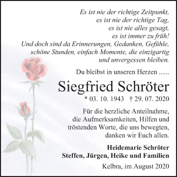 Traueranzeige von Siegfried Schröter von Super Sonntag Sangerhausen