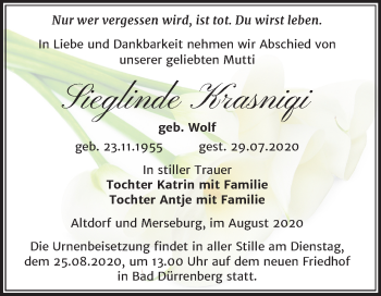 Traueranzeige von Sieglinde Krasniqi von Mitteldeutsche Zeitung Merseburg/Querfurt