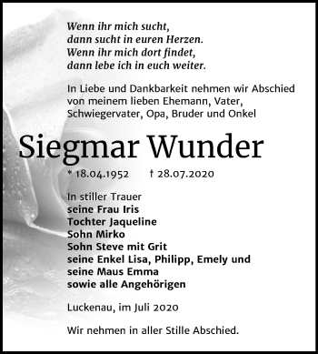 Traueranzeige von Siegmar Wunder von Super Sonntag Zeitz