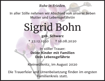 Traueranzeige von Sigrid Bohn von Super Sonntag Köthen