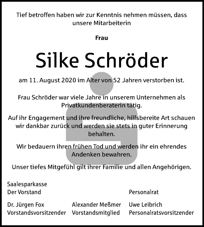  Traueranzeige für Silke Schröder vom 22.08.2020 aus Mitteldeutsche Zeitung Weißenfels
