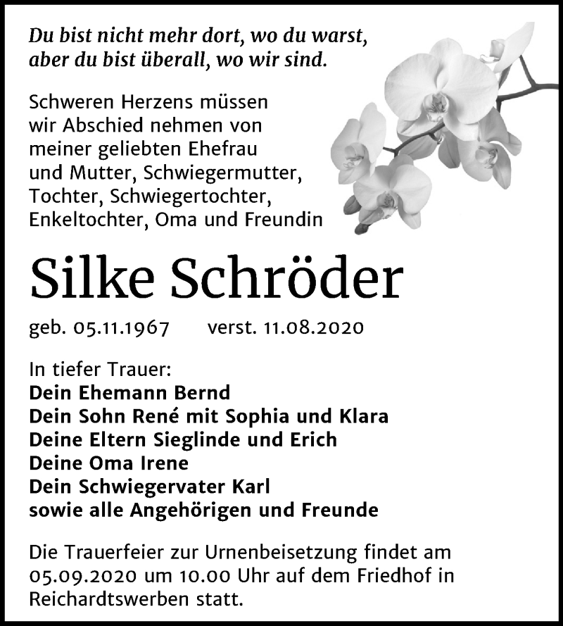  Traueranzeige für Silke Schröder vom 22.08.2020 aus Mitteldeutsche Zeitung Weißenfels