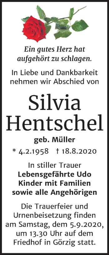 Traueranzeige von Silvia Hentschel von Super Sonntag Köthen