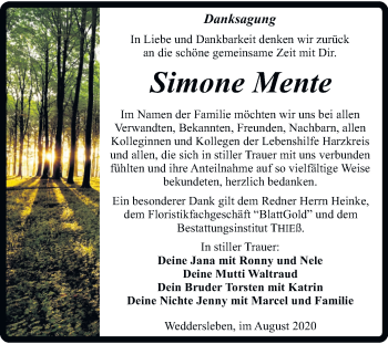 Traueranzeige von Simone Mente von Mitteldeutsche Zeitung Quedlinburg
