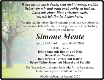 Traueranzeige von Simone Mente von Mitteldeutsche Zeitung Quedlinburg