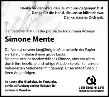 Traueranzeige von Simone Mente von Wochenspiegel Quedlinburg