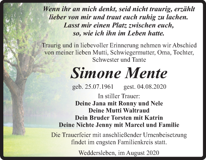  Traueranzeige für Simone Mente vom 12.08.2020 aus Mitteldeutsche Zeitung Quedlinburg