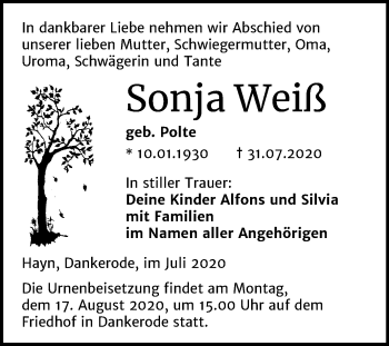Traueranzeige von Sonja Weiß von Mitteldeutsche Zeitung Sangerhausen