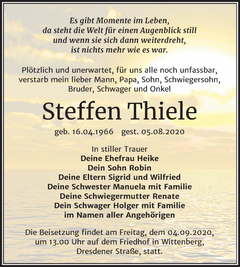  Traueranzeige für Steffen Thiele vom 15.08.2020 aus Super Sonntag Wittenberg