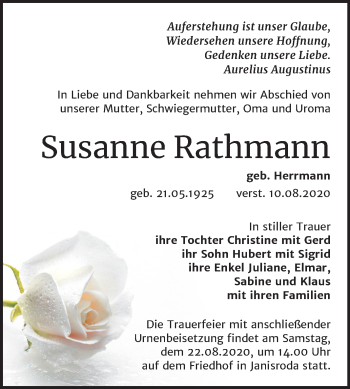 Traueranzeige von Susanne Rathmann von Wochenspiegel Naumburg/Nebra