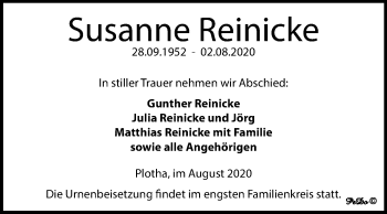 Traueranzeige von Susanne Reinicke von Mitteldeutsche Zeitung Weißenfels