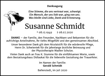 Traueranzeige von Susanne Schmidt von Mitteldeutsche Zeitung Quedlinburg