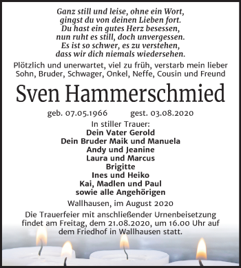 Traueranzeige von Sven Hammerschmied von Mitteldeutsche Zeitung Sangerhausen