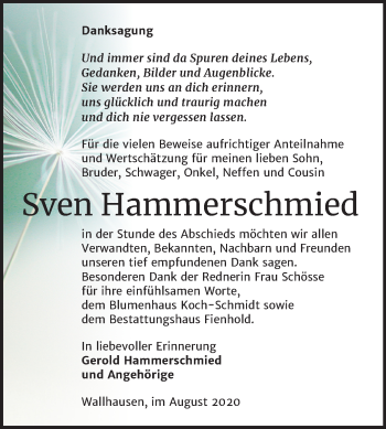 Traueranzeige von Sven Hammerschmied von Mitteldeutsche Zeitung Sangerhausen