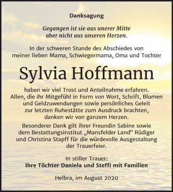 Traueranzeige von Sylvia Hoffmann von Super Sonntag Mansfelder Land