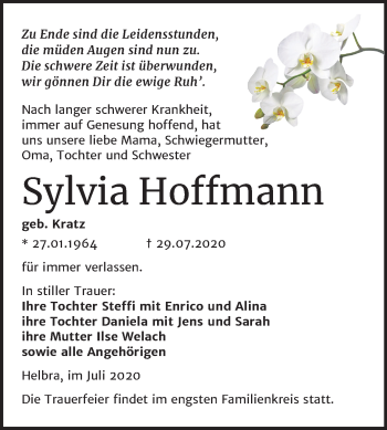 Traueranzeige von Sylvia Hoffmann von Super Sonntag Mansfelder Land