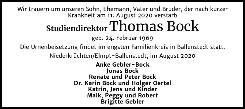  Traueranzeige für Thomas Bock vom 26.08.2020 aus Mitteldeutsche Zeitung Quedlinburg