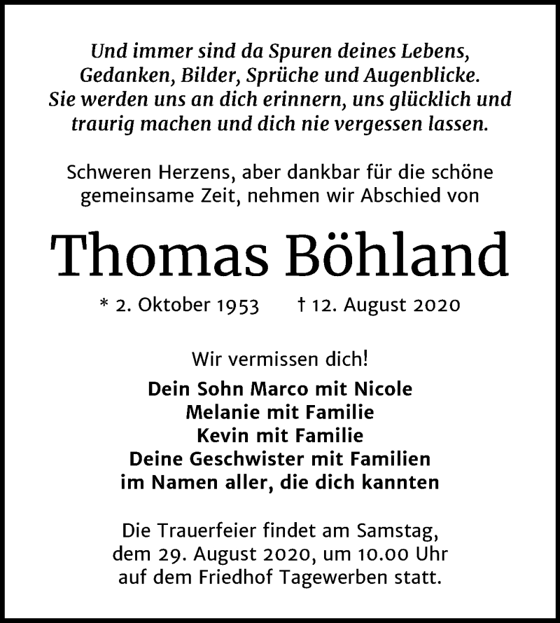  Traueranzeige für Thomas Böhland vom 22.08.2020 aus Mitteldeutsche Zeitung Weißenfels