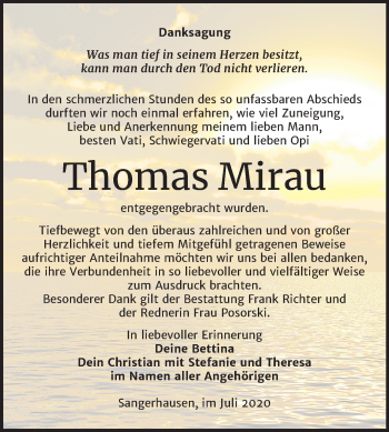 Traueranzeige von Thomas Mirau von Mitteldeutsche Zeitung Sangerhausen