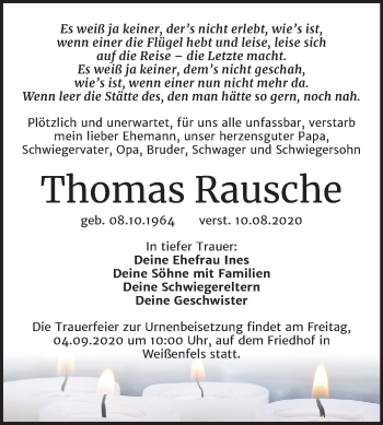 Traueranzeige von Thomas Rausche von Wochenspiegel Weißenfels